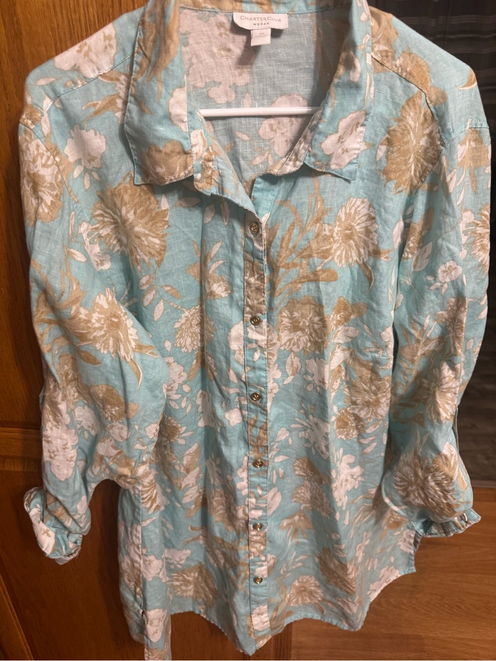 Charter Club Aqua Floral Linen Button-Down Shirt with Beige Accents